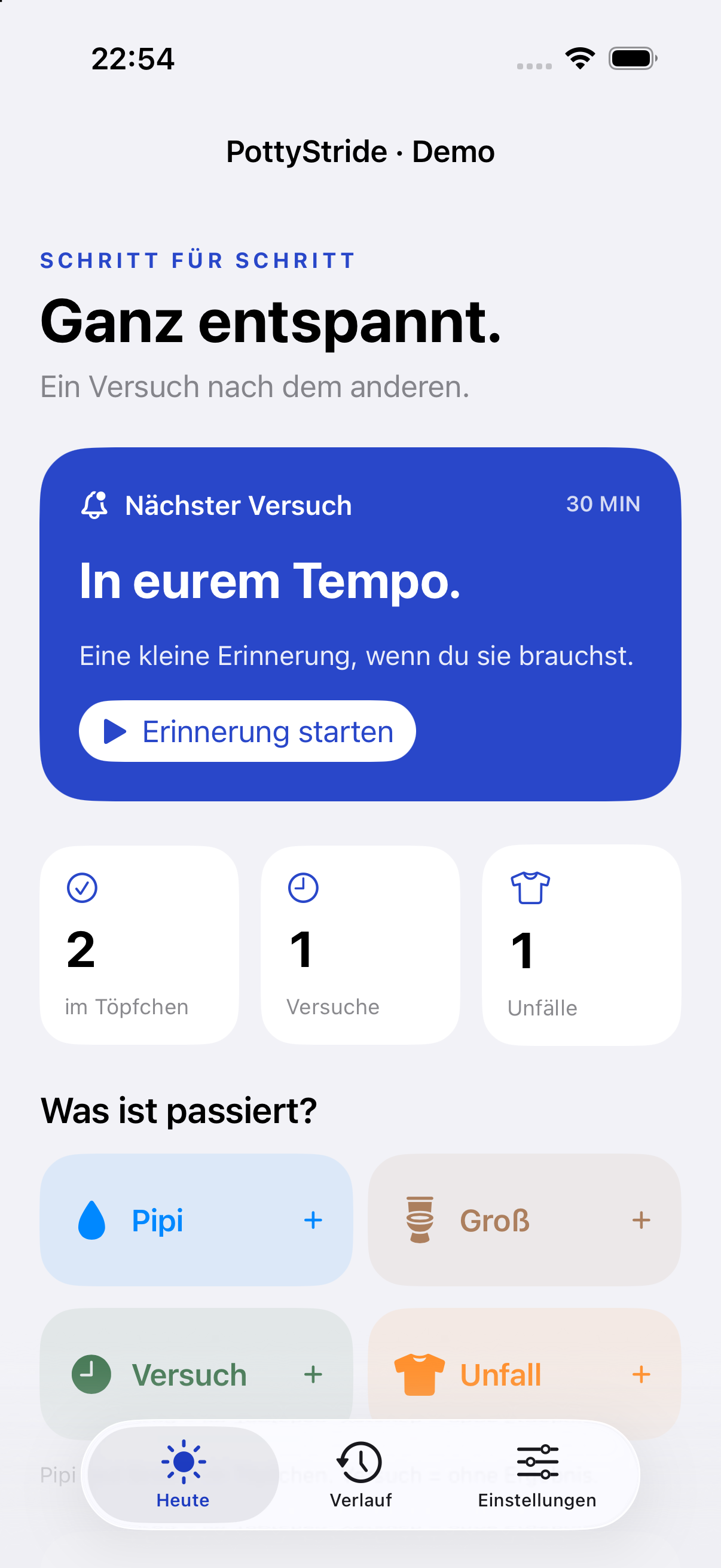 Vorschau der iPhone-App mit Erinnerungsbereich, Tagesübersicht und vier Eingabe-Buttons. Enthält Beispieldaten.